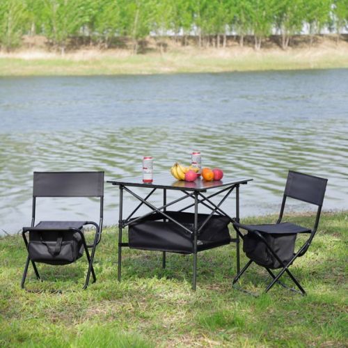 Set of 3, Folding Outdoor Table and Chairs Set for Indoor, Outdoor Camping, Picnics, Beach,Backyard, BBQ, Party, Patio, Black/Gray Set of 3, Folding Outdoor Table and Chairs Set for Indoor, Outdoor Camping, Picnics, Beach,Backyard, BBQ, Party, Patio, Black/Gray